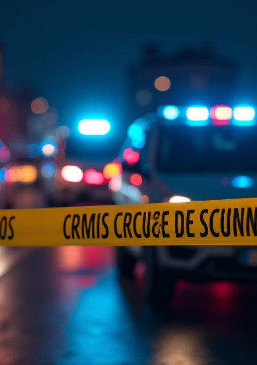 A single red rose lying on cold grey asphalt, dramatic shadows, police siren lights reflecting on a puddle, representing loss and a crime scene.