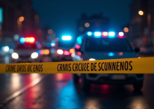 A single red rose lying on cold grey asphalt, dramatic shadows, police siren lights reflecting on a puddle, representing loss and a crime scene.
