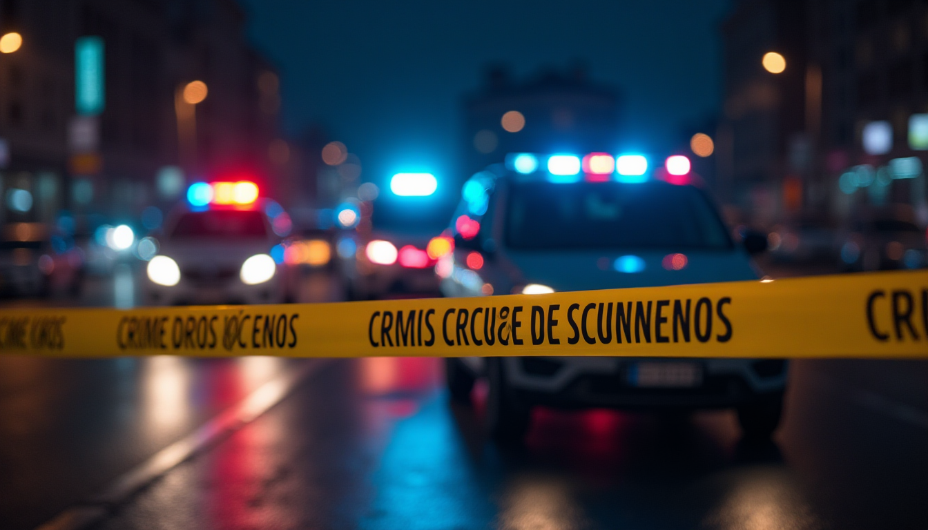 A single red rose lying on cold grey asphalt, dramatic shadows, police siren lights reflecting on a puddle, representing loss and a crime scene.