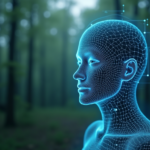 A high-tech digital scanning overlay on a blurred forest background, showing a facial recognition wireframe mapping, representing technology used in forensic identification.