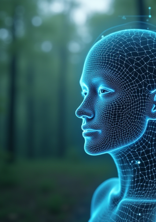 A high-tech digital scanning overlay on a blurred forest background, showing a facial recognition wireframe mapping, representing technology used in forensic identification.