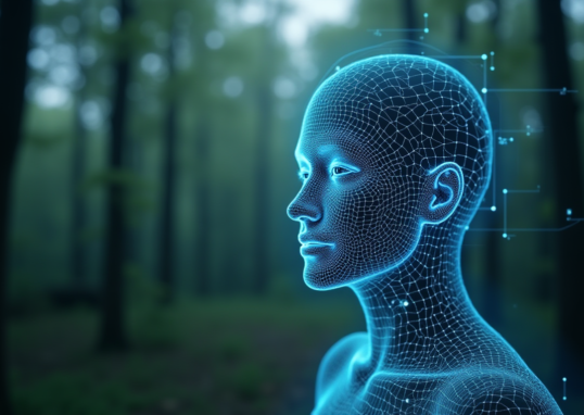 A high-tech digital scanning overlay on a blurred forest background, showing a facial recognition wireframe mapping, representing technology used in forensic identification.