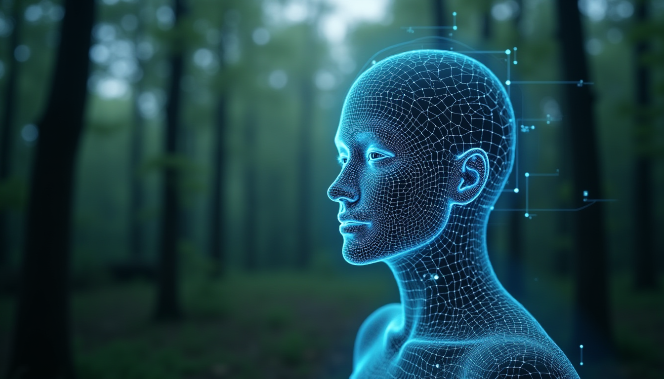 A high-tech digital scanning overlay on a blurred forest background, showing a facial recognition wireframe mapping, representing technology used in forensic identification.