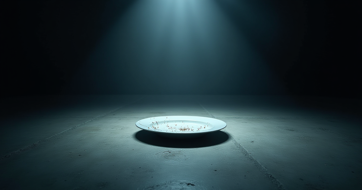 A dark, conceptual image of a single broken dinner plate on a cold concrete floor, illuminated by a single harsh spotlight, representing the psychological pressure mentioned in the testimony.