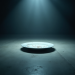 A dark, conceptual image of a single broken dinner plate on a cold concrete floor, illuminated by a single harsh spotlight, representing the psychological pressure mentioned in the testimony.
