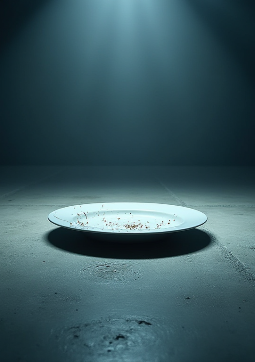 A dark, conceptual image of a single broken dinner plate on a cold concrete floor, illuminated by a single harsh spotlight, representing the psychological pressure mentioned in the testimony.