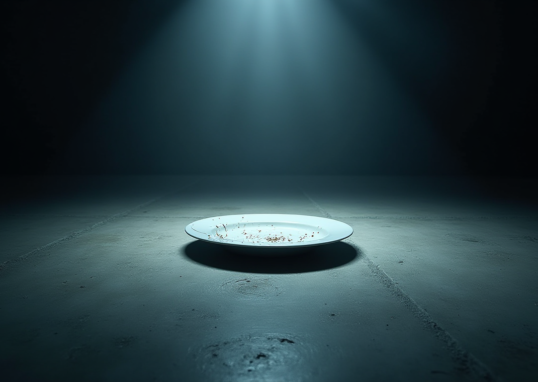 A dark, conceptual image of a single broken dinner plate on a cold concrete floor, illuminated by a single harsh spotlight, representing the psychological pressure mentioned in the testimony.