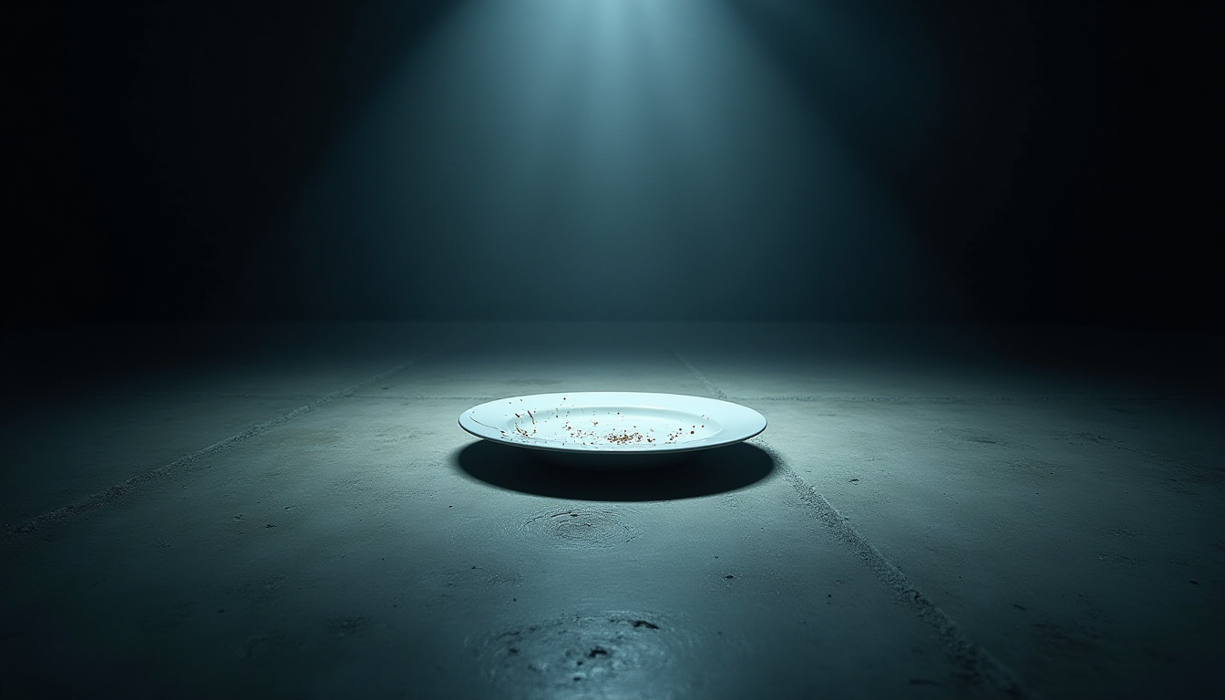 A dark, conceptual image of a single broken dinner plate on a cold concrete floor, illuminated by a single harsh spotlight, representing the psychological pressure mentioned in the testimony.