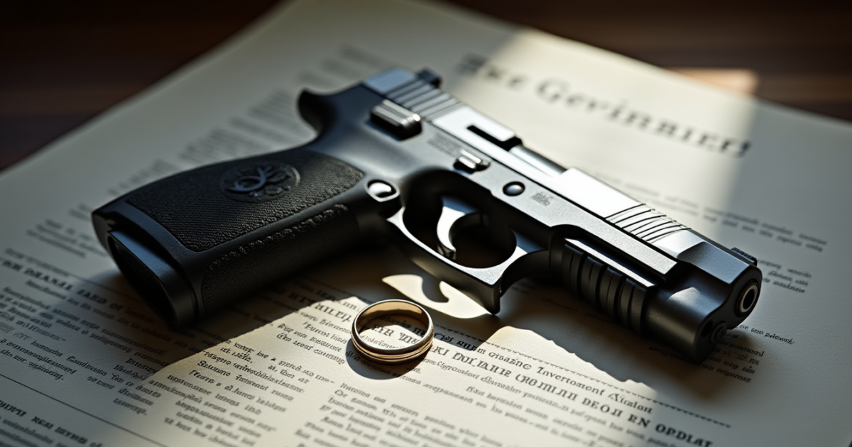 A high-contrast conceptual image of a silver handgun resting on official government documents with a wedding ring nearby, shadowed lighting, representing the intersection of public office and private tragedy.