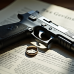 A high-contrast conceptual image of a silver handgun resting on official government documents with a wedding ring nearby, shadowed lighting, representing the intersection of public office and private tragedy.