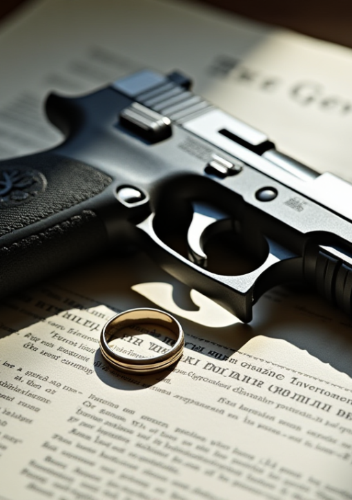 A high-contrast conceptual image of a silver handgun resting on official government documents with a wedding ring nearby, shadowed lighting, representing the intersection of public office and private tragedy.