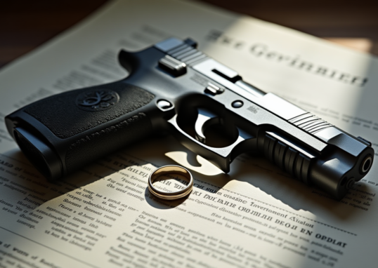 A high-contrast conceptual image of a silver handgun resting on official government documents with a wedding ring nearby, shadowed lighting, representing the intersection of public office and private tragedy.