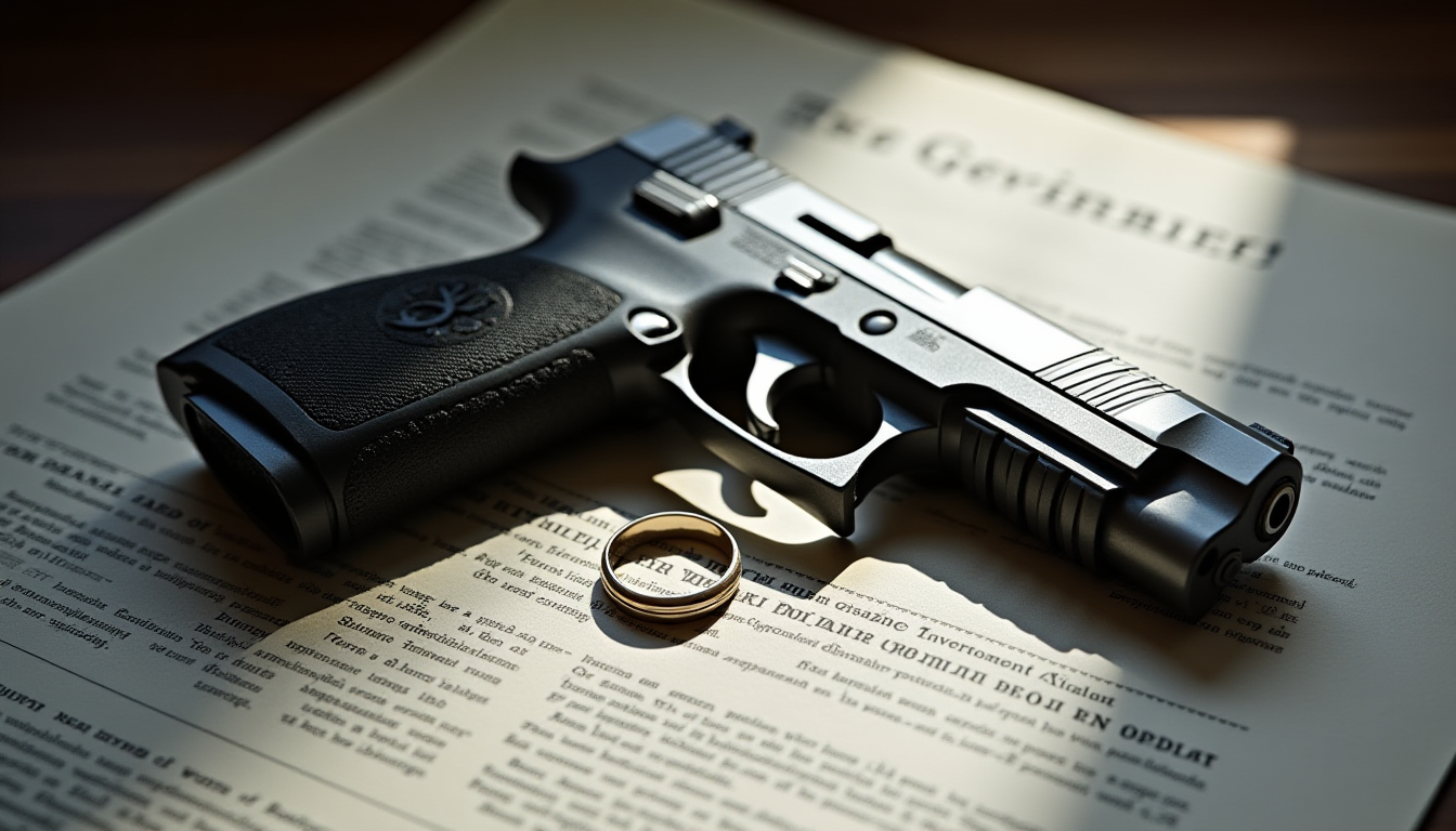 A high-contrast conceptual image of a silver handgun resting on official government documents with a wedding ring nearby, shadowed lighting, representing the intersection of public office and private tragedy.