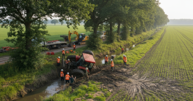 A cinematic wide shot of a red farm tractor overturned in a muddy creek bed surrounded by green trees and agricultural land. Professional rescue teams with orange vests and helmets are working near the scene with heavy machinery in the background. Soft afternoon sunlight, dramatic atmosphere, photojournalism style, 8k resolution.