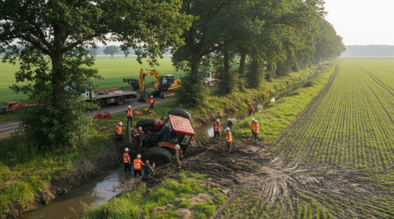 A cinematic wide shot of a red farm tractor overturned in a muddy creek bed surrounded by green trees and agricultural land. Professional rescue teams with orange vests and helmets are working near the scene with heavy machinery in the background. Soft afternoon sunlight, dramatic atmosphere, photojournalism style, 8k resolution.