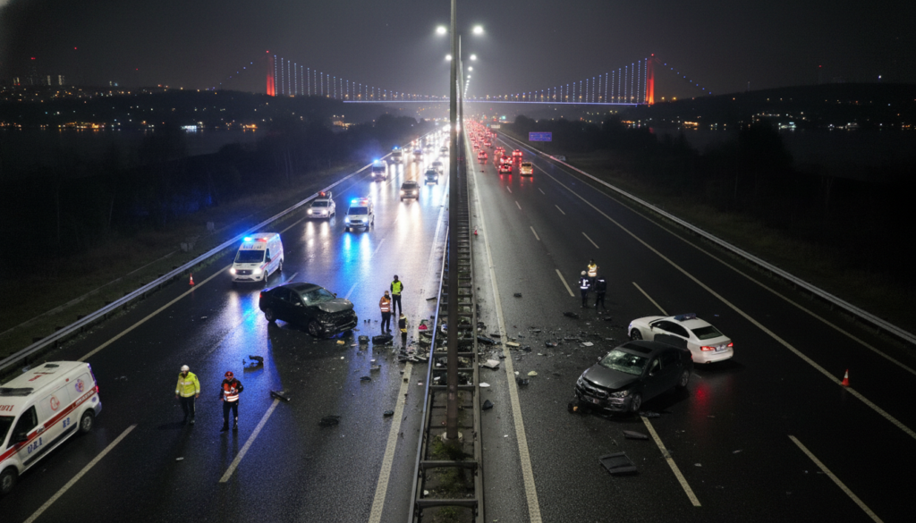 A dramatic high-angle nighttime shot of a highway accident scene in Istanbul. Emergency blue and red lights from police cars and ambulances reflect on the dark asphalt. Two damaged sedans are positioned in the emergency lane with scattered debris. Cinematic lighting, photorealistic style, 8k resolution, professional mood.