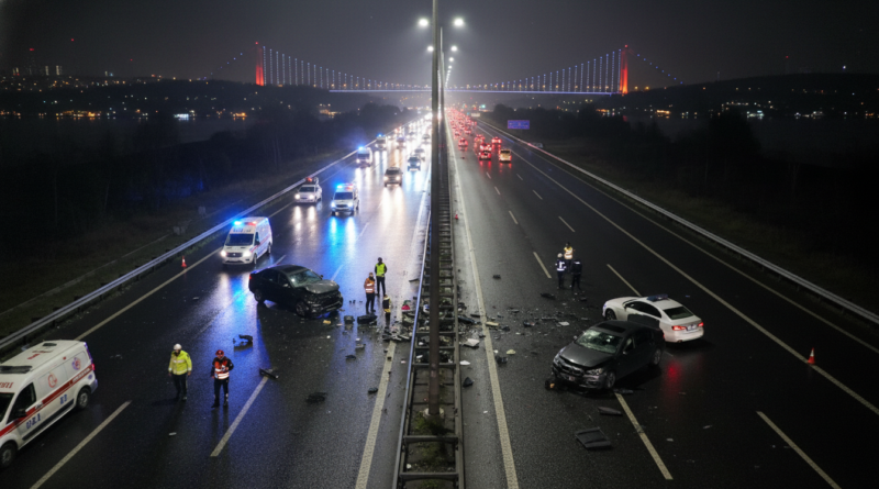 A dramatic high-angle nighttime shot of a highway accident scene in Istanbul. Emergency blue and red lights from police cars and ambulances reflect on the dark asphalt. Two damaged sedans are positioned in the emergency lane with scattered debris. Cinematic lighting, photorealistic style, 8k resolution, professional mood.