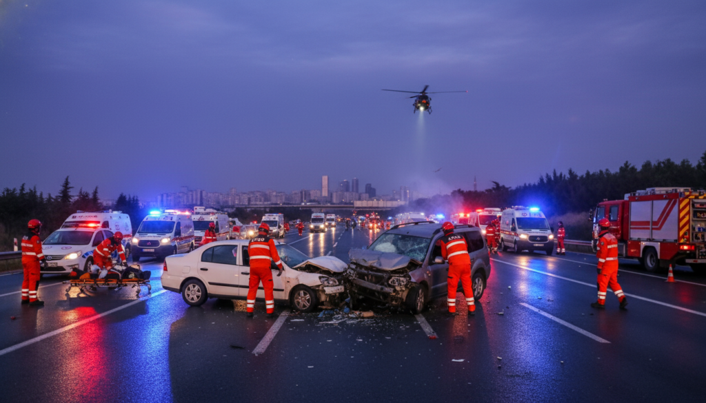 A dramatic high-quality news photograph of a head-on car collision on a highway at twilight. Two vehicles, one white and one grey, are severely damaged. Flashing red and blue lights from emergency vehicles illuminate the scene. AFAD rescue teams in bright orange uniforms are actively working. Cinematic, photorealistic, 8k resolution, documentary style.