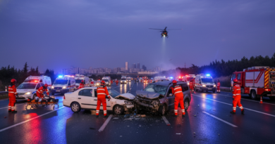 A dramatic high-quality news photograph of a head-on car collision on a highway at twilight. Two vehicles, one white and one grey, are severely damaged. Flashing red and blue lights from emergency vehicles illuminate the scene. AFAD rescue teams in bright orange uniforms are actively working. Cinematic, photorealistic, 8k resolution, documentary style.