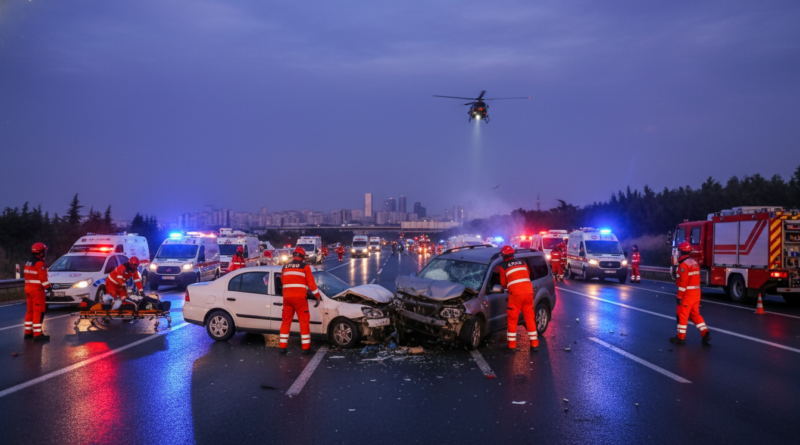 A dramatic high-quality news photograph of a head-on car collision on a highway at twilight. Two vehicles, one white and one grey, are severely damaged. Flashing red and blue lights from emergency vehicles illuminate the scene. AFAD rescue teams in bright orange uniforms are actively working. Cinematic, photorealistic, 8k resolution, documentary style.