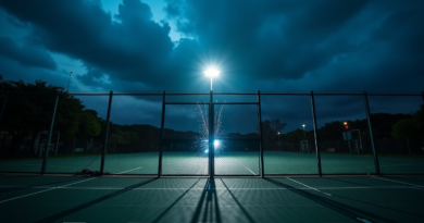 A dramatic, cinematic wide shot of an outdoor community sports court in Brazil during twilight. Heavy dark storm clouds overhead with a single bright floodlight casting high-contrast shadows. Focus on a metallic fence gate with subtle blue electrical sparks, empty of people, professional photography style, 8k, realistic textures.