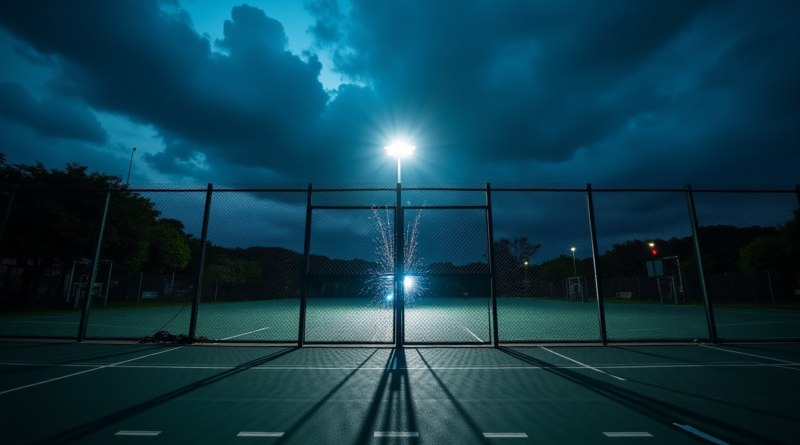 A dramatic, cinematic wide shot of an outdoor community sports court in Brazil during twilight. Heavy dark storm clouds overhead with a single bright floodlight casting high-contrast shadows. Focus on a metallic fence gate with subtle blue electrical sparks, empty of people, professional photography style, 8k, realistic textures.