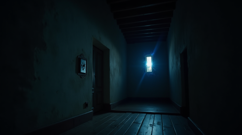 A realistic, dramatic wide-angle shot of a dimly lit traditional Turkish village house interior at night. The focus is on an old electrical wall outlet with a subtle blue electric arc spark effect. Soft moonlight enters from a small window, casting deep shadows on the floor. Cinematic lighting, photorealistic, 8k resolution, documentary style, no text or logos.