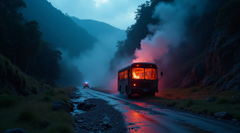 A dramatic scene in the Andes mountains of Ecuador at dusk. A deep ravine with misty atmosphere. At the bottom of the rocky cliff near a small river, a charred remains of a passenger bus with glowing embers and smoke rising. Emergency lights (red and blue) reflecting off the wet mountain road above. High quality, cinematic lighting, photojournalism style, 8k resolution, no text or logos.