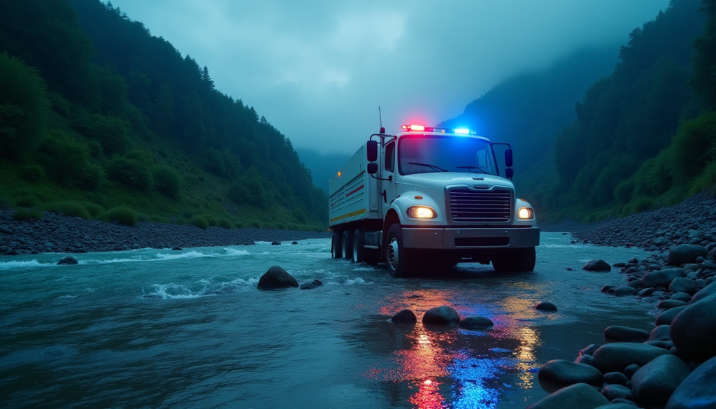 A cinematic, high-angle shot of a heavy white transport truck partially submerged in a rocky riverbed in a lush green valley in Giresun, Turkey. Emergency service blue and red lights reflect on the water surface during a misty evening, professional news photography style, highly detailed, dramatic atmosphere, no text.