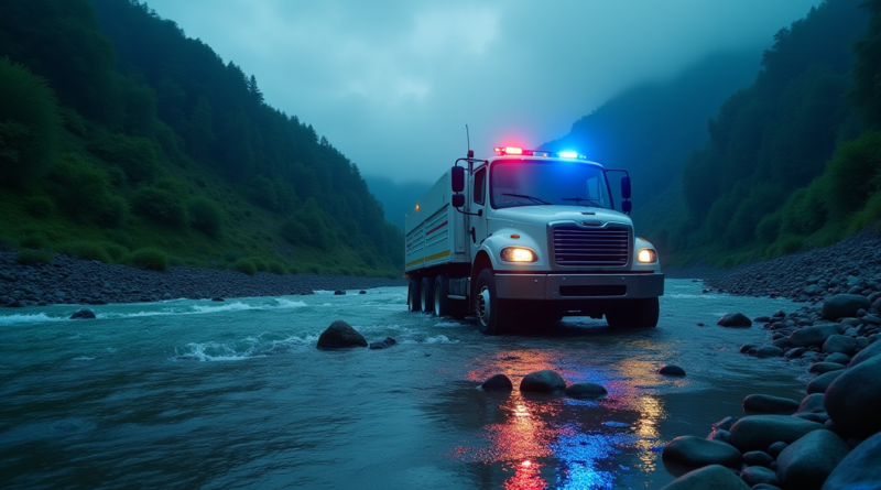 A cinematic, high-angle shot of a heavy white transport truck partially submerged in a rocky riverbed in a lush green valley in Giresun, Turkey. Emergency service blue and red lights reflect on the water surface during a misty evening, professional news photography style, highly detailed, dramatic atmosphere, no text.