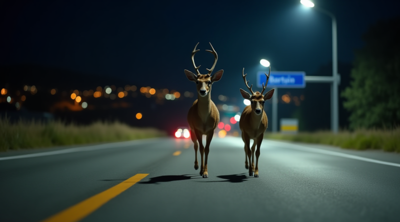 A high-quality, cinematic night photography of two wild roe deer running on a modern asphalt highway under the bright beam of car headlights. In the background, there is a blurred city landscape with streetlights and a blue road sign indicating 'Bartın'. The lighting is dramatic, emphasizing the movement of the deer, 8k resolution, photorealistic.