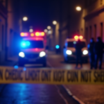 A high-quality news photo taken at night in a narrow Turkish street. Blue and red police lights illuminating the crime scene with yellow police tape in the foreground. An ambulance blurred in the background and officers talking to witnesses.Sembolik / Soyut Anlatım