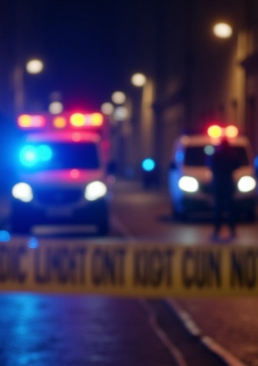A high-quality news photo taken at night in a narrow Turkish street. Blue and red police lights illuminating the crime scene with yellow police tape in the foreground. An ambulance blurred in the background and officers talking to witnesses.Sembolik / Soyut Anlatım