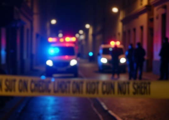 A high-quality news photo taken at night in a narrow Turkish street. Blue and red police lights illuminating the crime scene with yellow police tape in the foreground. An ambulance blurred in the background and officers talking to witnesses.Sembolik / Soyut Anlatım