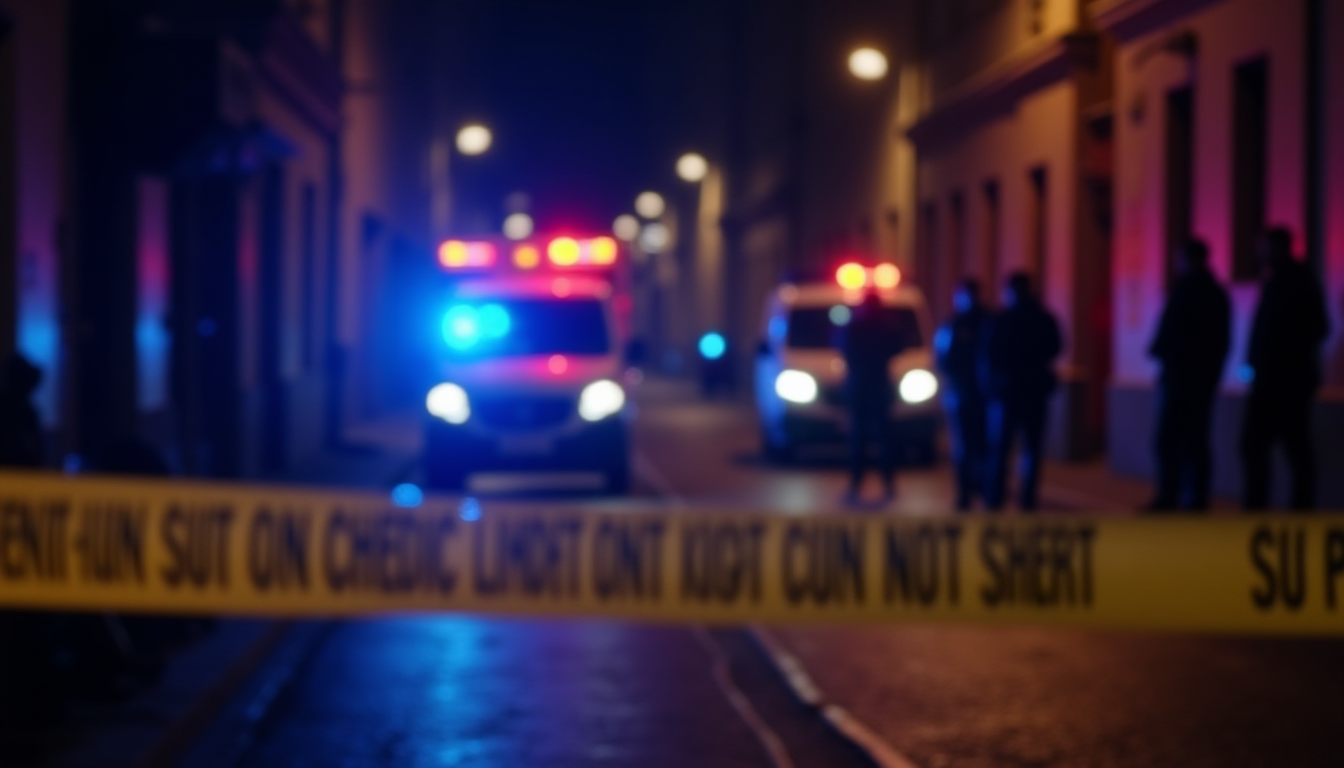 A high-quality news photo taken at night in a narrow Turkish street. Blue and red police lights illuminating the crime scene with yellow police tape in the foreground. An ambulance blurred in the background and officers talking to witnesses.Sembolik / Soyut Anlatım