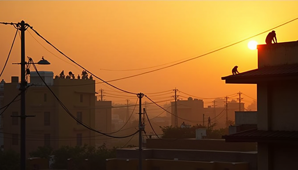 A highly realistic and dramatic wide shot of a traditional Indian heritage hotel building in Chhatarpur. Thick, messy high-voltage electricity cables are crisscrossing very close to the rooftops. The sky is a hazy orange during sunset. Several monkeys are visible sitting on the edges of the roof. Dramatic lighting, 8k resolution, cinematic atmosphere, no text or logos.