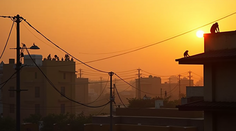 A highly realistic and dramatic wide shot of a traditional Indian heritage hotel building in Chhatarpur. Thick, messy high-voltage electricity cables are crisscrossing very close to the rooftops. The sky is a hazy orange during sunset. Several monkeys are visible sitting on the edges of the roof. Dramatic lighting, 8k resolution, cinematic atmosphere, no text or logos.