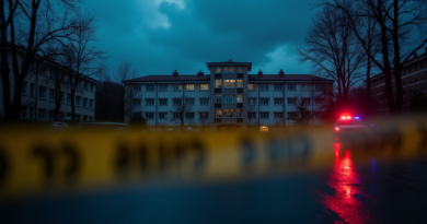 A dramatic, cinematic wide shot of a Turkish secondary school building at dusk. The sky is dark and stormy. Blurred yellow police line tape is in the extreme foreground. Reflections of red and blue police strobe lights are visible on the wet pavement. No people, no faces, high-resolution photography, mournful atmosphere.