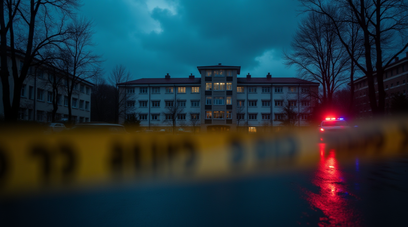A dramatic, cinematic wide shot of a Turkish secondary school building at dusk. The sky is dark and stormy. Blurred yellow police line tape is in the extreme foreground. Reflections of red and blue police strobe lights are visible on the wet pavement. No people, no faces, high-resolution photography, mournful atmosphere.