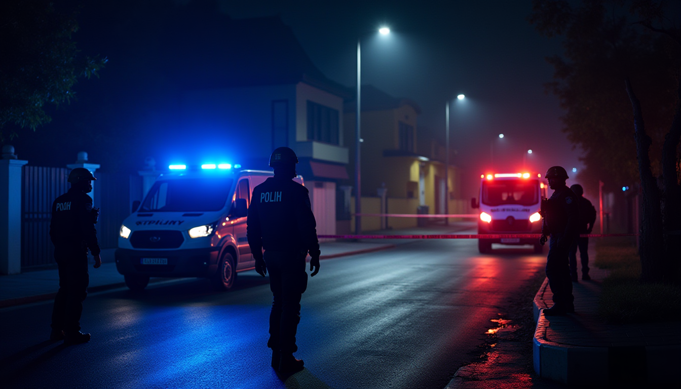 A dramatic nighttime scene in a Turkish neighborhood with Sakarya's local architecture. Blue and red police lights illuminating the street. Special Operations police (PÖH) in full tactical gear holding a perimeter. In the background, a yellowish house with crime scene tape and an ambulance with its lights flashing. Hyper-realistic, 8k resolution, cinematic lighting, photojournalism style, no text or logos.