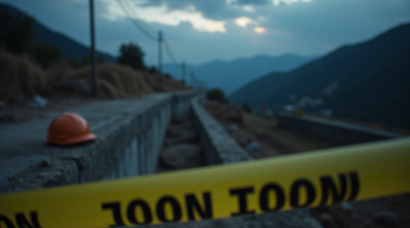 A dramatic, photorealistic wide shot of a construction site in a mountainous region like Şırnak at dusk. Yellow police caution tape is in the foreground, blurred. In the background, a deep dirt trench next to a concrete retaining wall, a single construction helmet lying on the ground near the edge, moody lighting, 8k resolution, cinematic atmosphere, no text or logos.