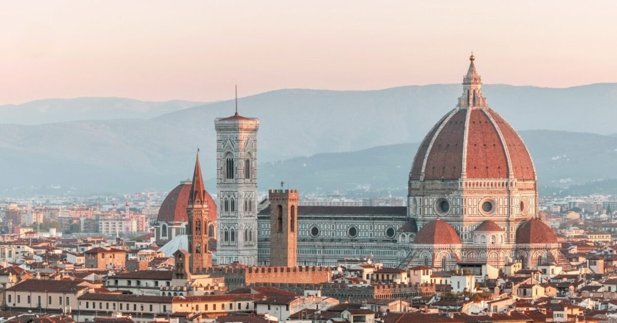 Florence cityscape with duomo cathedral at sunrise