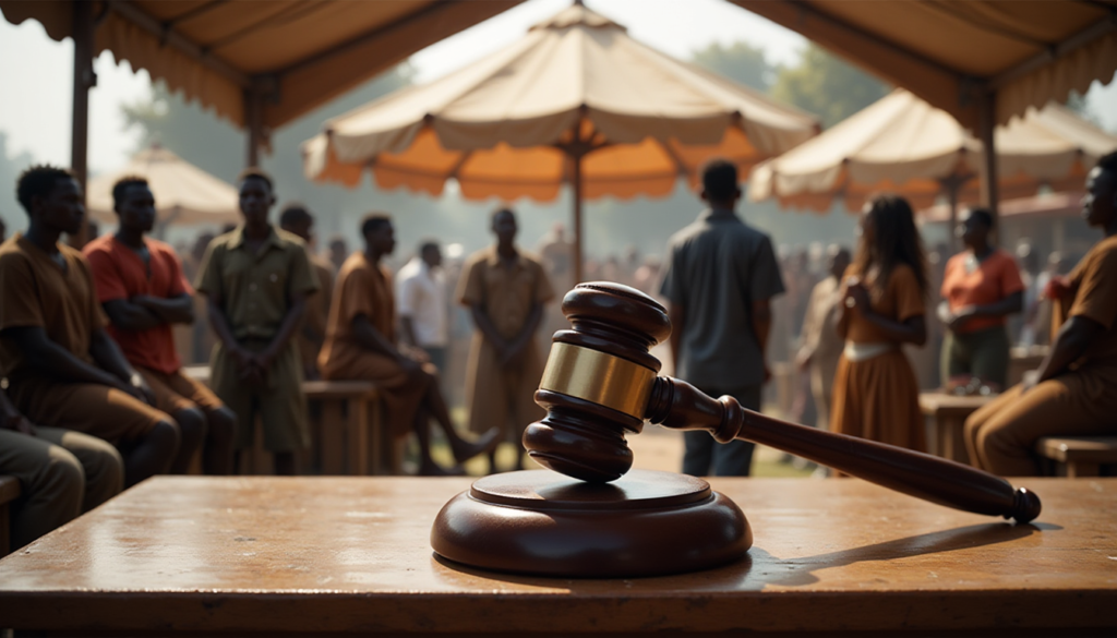A highly detailed, cinematic shot of a judge's wooden gavel resting on a bench in an outdoor mobile court setting in Kampala, Uganda. Soft daylight filtering through a tent canopy, emotional atmosphere, professional news photography style, depth of field with a blurred crowd in the background, 8k resolution, realistic lighting, no text or watermarks.