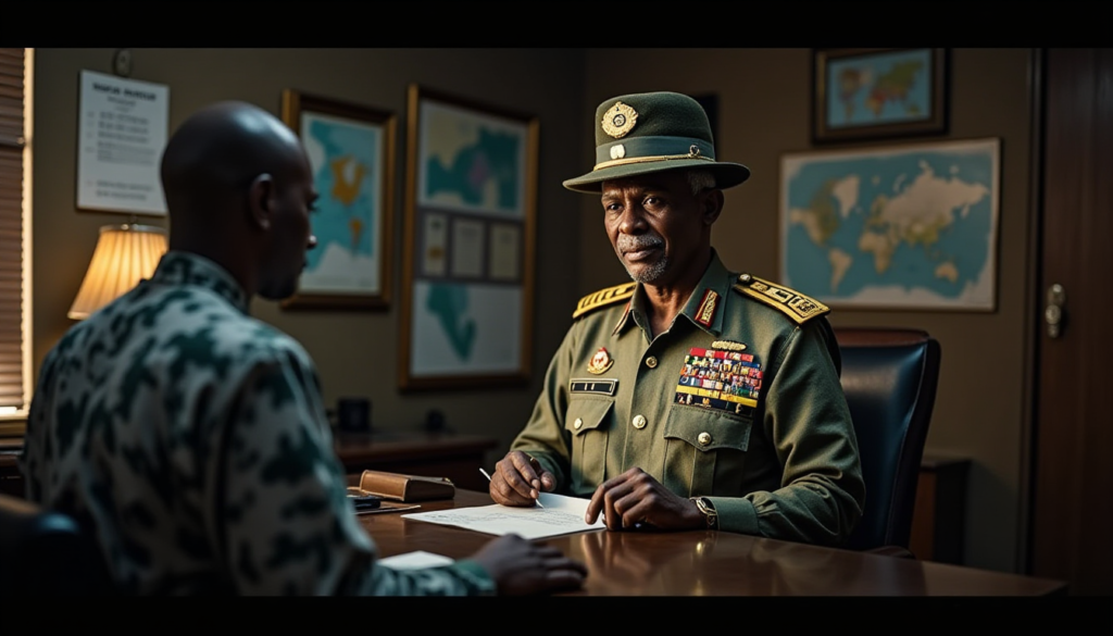A high-ranking Nigerian military officer in his 50s, wearing a camouflage uniform with insignia, standing in a dimly lit office with maps of the Niger Delta on the wall. Next to him is a man in a traditional West African politician's attire. The scene has a dramatic, cinematic atmosphere with sharp shadows, 8k resolution, photorealistic, symbolizing a secret meeting and political conspiracy.