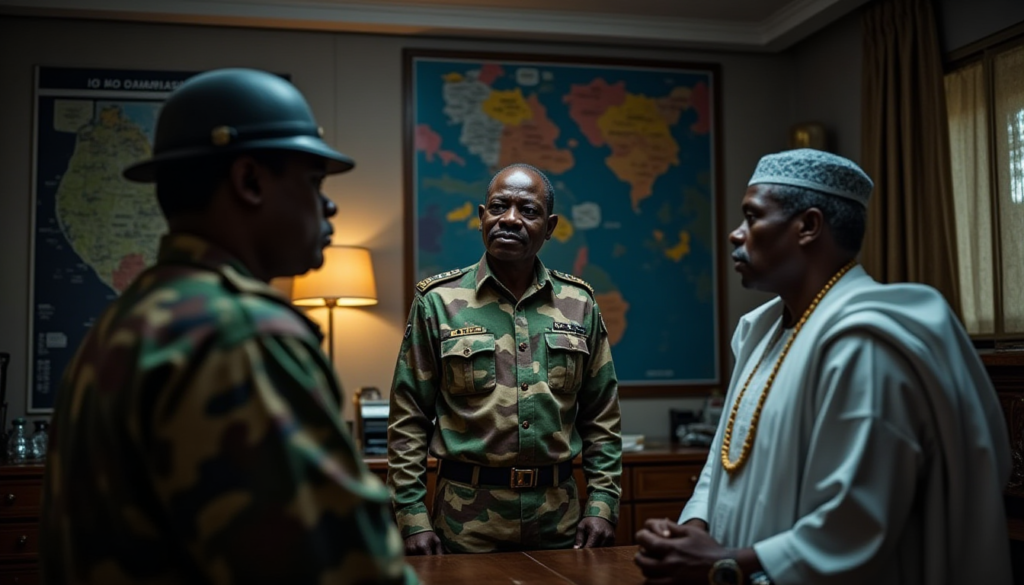 A high-ranking Nigerian military officer in his 50s, wearing a camouflage uniform with insignia, standing in a dimly lit office with maps of the Niger Delta on the wall. Next to him is a man in a traditional West African politician's attire. The scene has a dramatic, cinematic atmosphere with sharp shadows, 8k resolution, photorealistic, symbolizing a secret meeting and political conspiracy.
