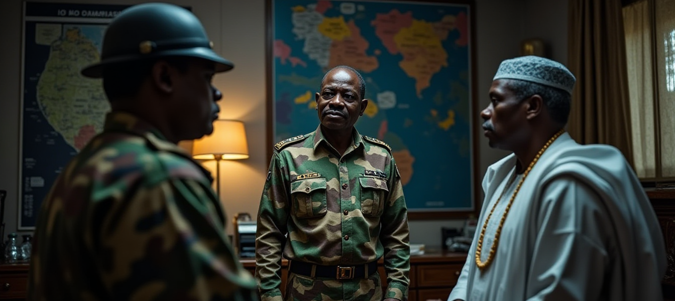 A high-ranking Nigerian military officer in his 50s, wearing a camouflage uniform with insignia, standing in a dimly lit office with maps of the Niger Delta on the wall. Next to him is a man in a traditional West African politician's attire. The scene has a dramatic, cinematic atmosphere with sharp shadows, 8k resolution, photorealistic, symbolizing a secret meeting and political conspiracy.