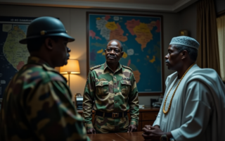 A high-ranking Nigerian military officer in his 50s, wearing a camouflage uniform with insignia, standing in a dimly lit office with maps of the Niger Delta on the wall. Next to him is a man in a traditional West African politician's attire. The scene has a dramatic, cinematic atmosphere with sharp shadows, 8k resolution, photorealistic, symbolizing a secret meeting and political conspiracy.