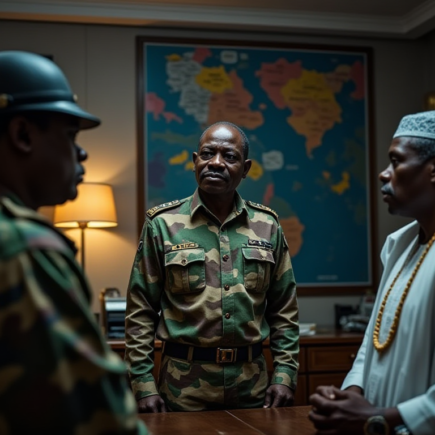 A high-ranking Nigerian military officer in his 50s, wearing a camouflage uniform with insignia, standing in a dimly lit office with maps of the Niger Delta on the wall. Next to him is a man in a traditional West African politician's attire. The scene has a dramatic, cinematic atmosphere with sharp shadows, 8k resolution, photorealistic, symbolizing a secret meeting and political conspiracy.