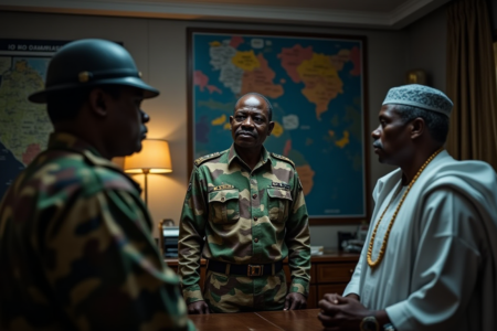 A high-ranking Nigerian military officer in his 50s, wearing a camouflage uniform with insignia, standing in a dimly lit office with maps of the Niger Delta on the wall. Next to him is a man in a traditional West African politician's attire. The scene has a dramatic, cinematic atmosphere with sharp shadows, 8k resolution, photorealistic, symbolizing a secret meeting and political conspiracy.