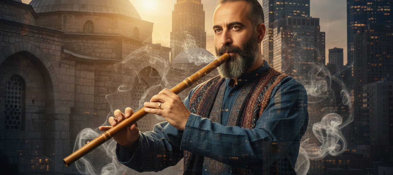 Görsel Promptu Professional cinematic portrait of a Turkish musician playing the ney flute. The background features a double exposure blend of traditional Anatolian architecture and a modern New York City skyline at dusk. Ethereal golden light, mystical smoke, 8k resolution, artistic and spiritual atmosphere representing the fusion of East and West.